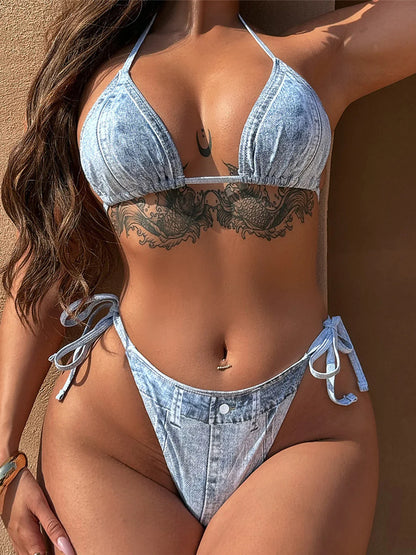 Denim Strappy Halter Bikini Set