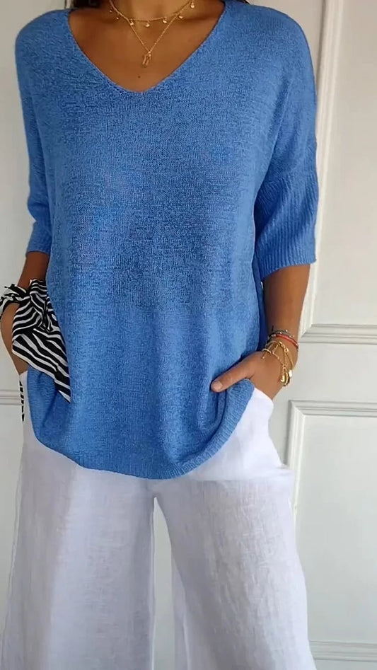 villow-Solid Color Knitted V-neck Top
