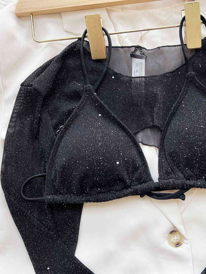 Black Shimmering Mesh Three-Piece Swim Set