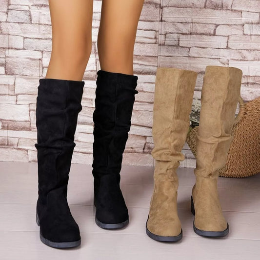 Woomen Round Toe Flat Knee Boots