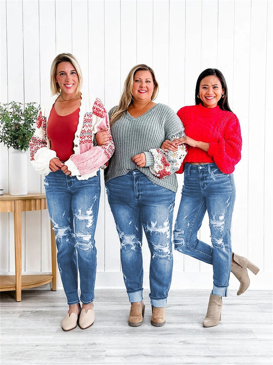 villow-Tummy Control Distressed Cuffed Boyfriend Jeans (Buy 2 Free Shipping)