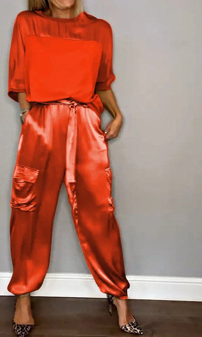 villow-Smooth Satin Half-sleeved Top and Pants Set💝BUY 2 FREE SHIPPING