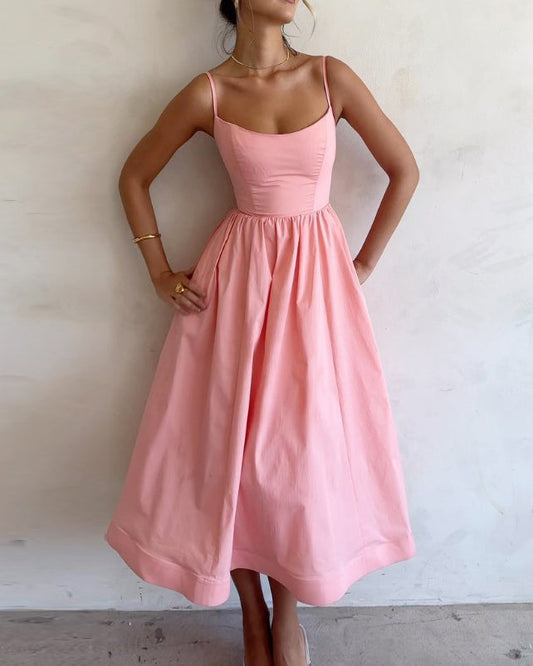 villow-Solid V-neck Pleated Waist Dress